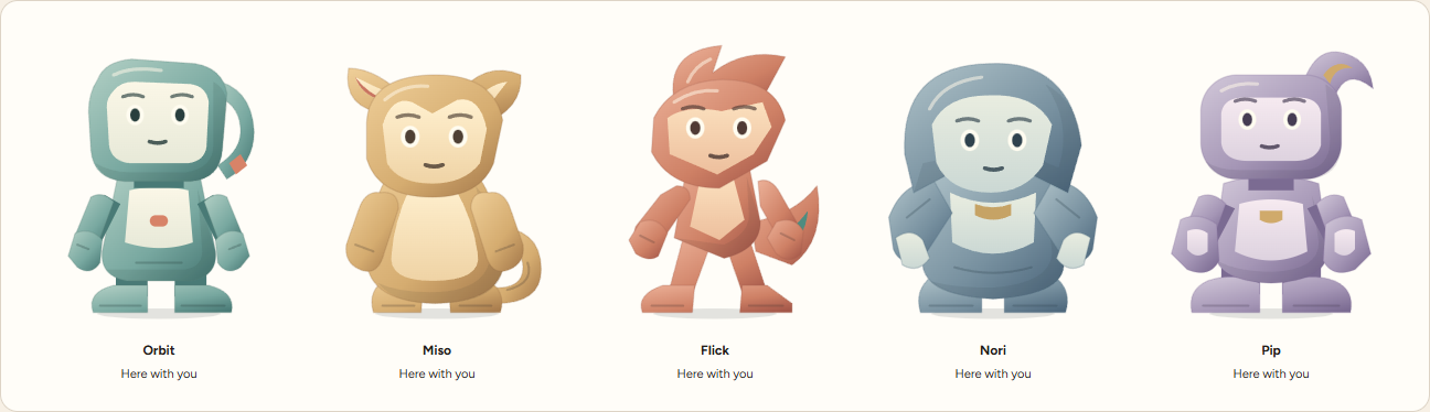 The five Nuvvi companions: Orbit, Miso, Flick, Nori, and Pip.