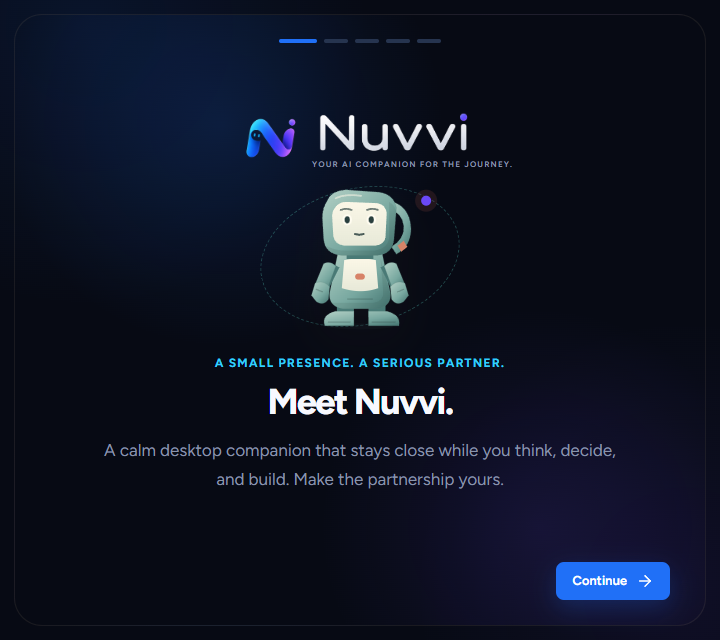 Nuvvi onboarding screen with the Orbit companion in the Windows desktop product.